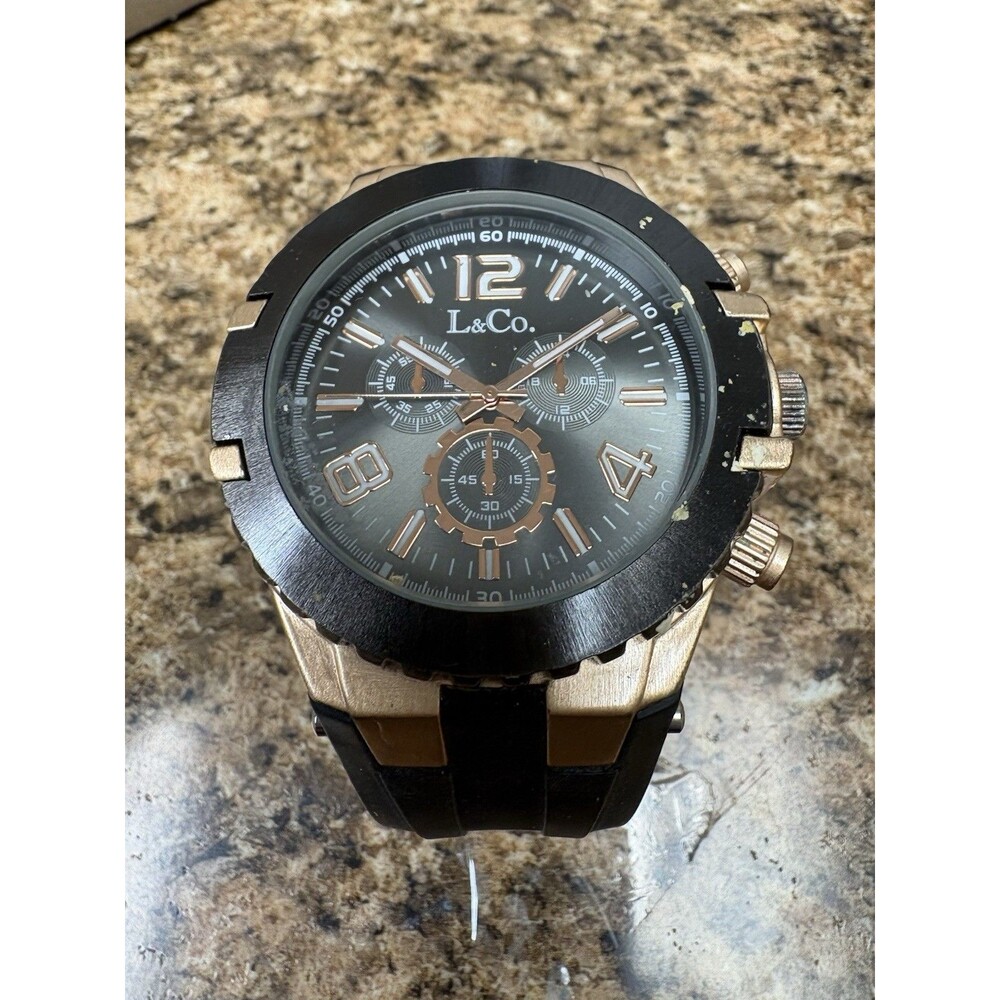 L&Co Oversized Men’s Watch Black Rose Gold Tone Quartz – Needs Battery